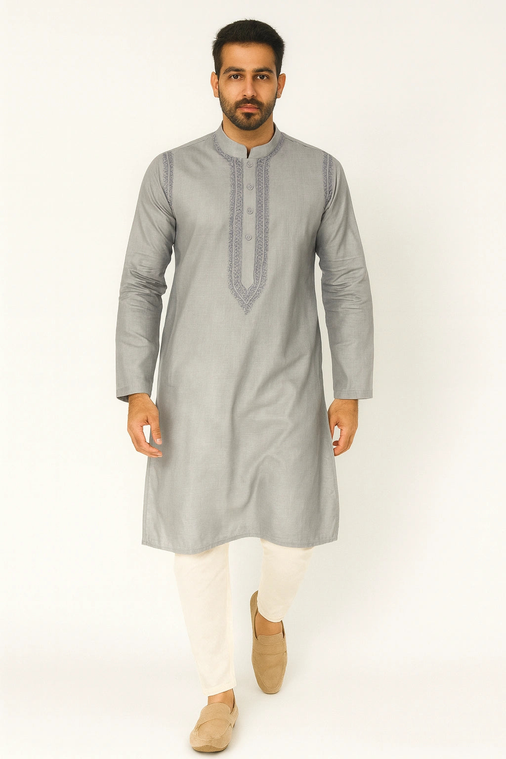 Lucknow Fashion Diary Hand Embroidered Lucknowi Chikankari Men's Grey Cotton Kurta
