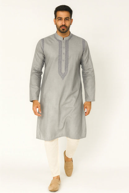 Lucknow Fashion Diary Hand Embroidered Lucknowi Chikankari Men's Grey Cotton Kurta