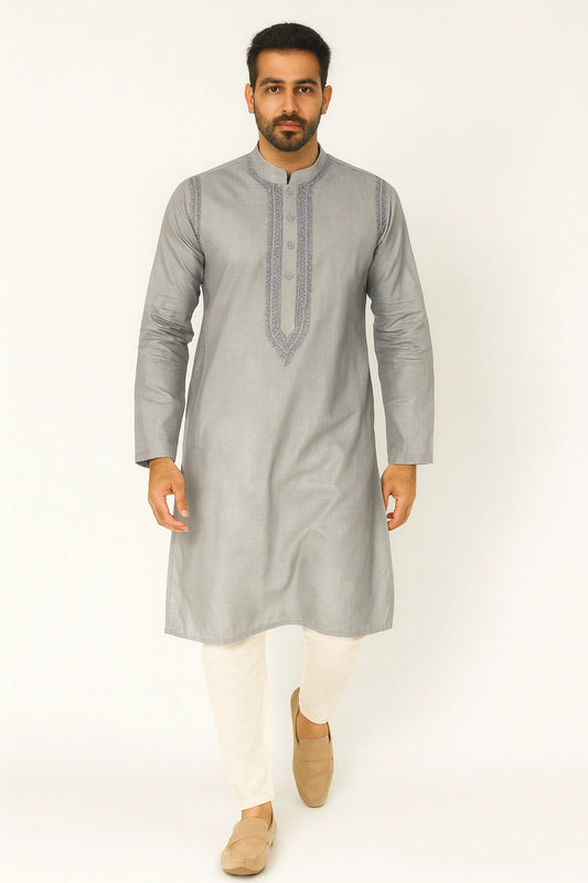 Lucknow Fashion Diary Hand Embroidered Lucknowi Chikankari Men's Grey Cotton Kurta