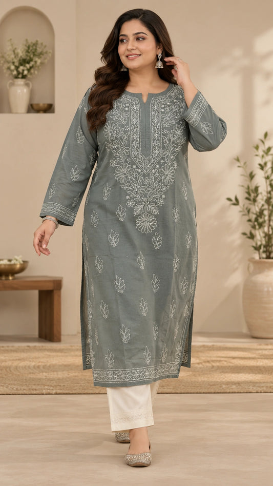 Lucknow Fashion Diary Hand Embroidered Lucknowi Chikankari Women's Plus Size Grey Cotton Kurti 