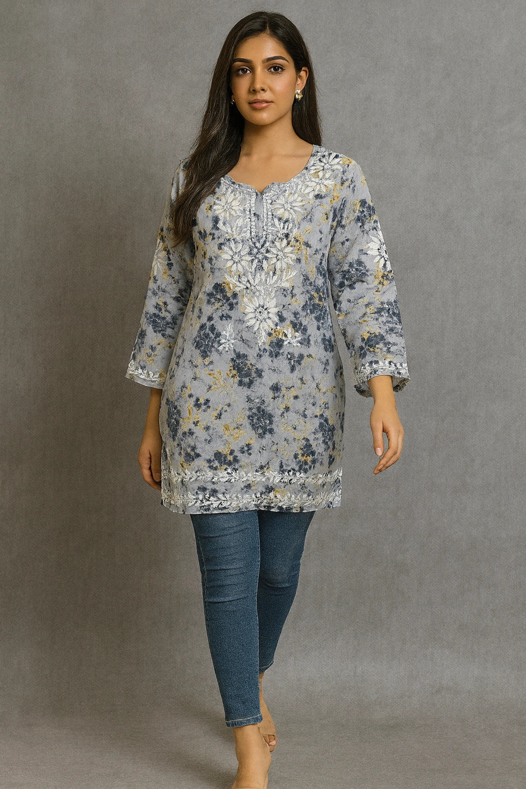 Lucknow Fashion Diary Hand Embroidered Lucknowi Chikankari Women's Printed Grey Cotton Short Kurti 