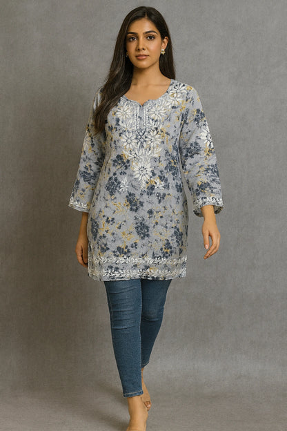 Lucknow Fashion Diary Hand Embroidered Lucknowi Chikankari Women's Printed Grey Cotton Short Kurti 