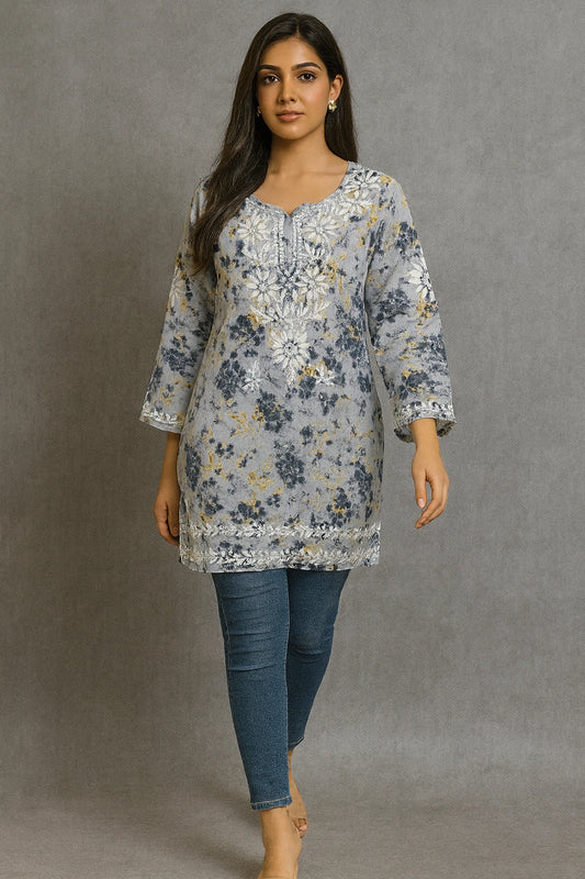 Lucknow Fashion Diary Hand Embroidered Lucknowi Chikankari Women's Printed Grey Cotton Short Kurti 