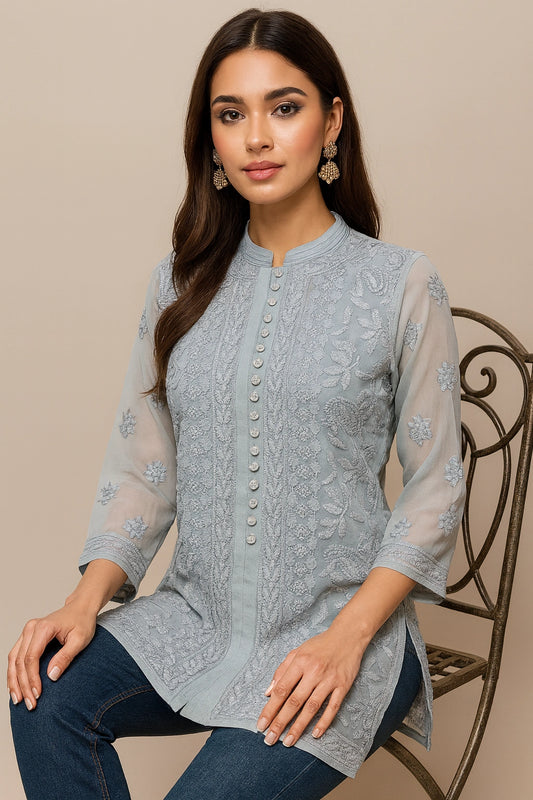 Lucknow Fashion Diary Hand Embroidered Lucknowi Chikankari Women's grey georgette Short Kurti 