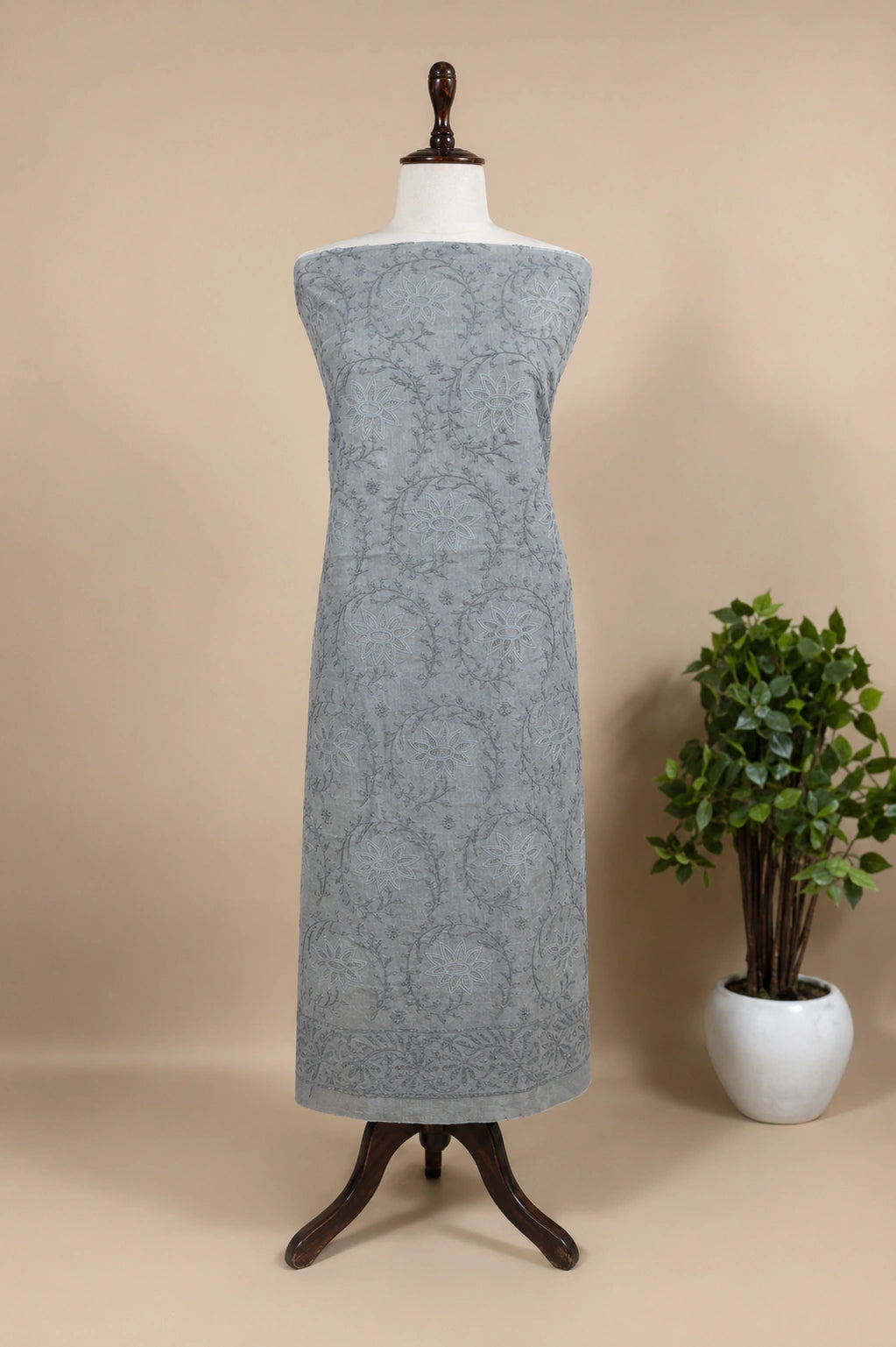 Lucknow Fashion Diary Hand Embroidered Lucknowi Chikankari Women's Unstitched Grey Cotton Kurta Bottom Fabric 