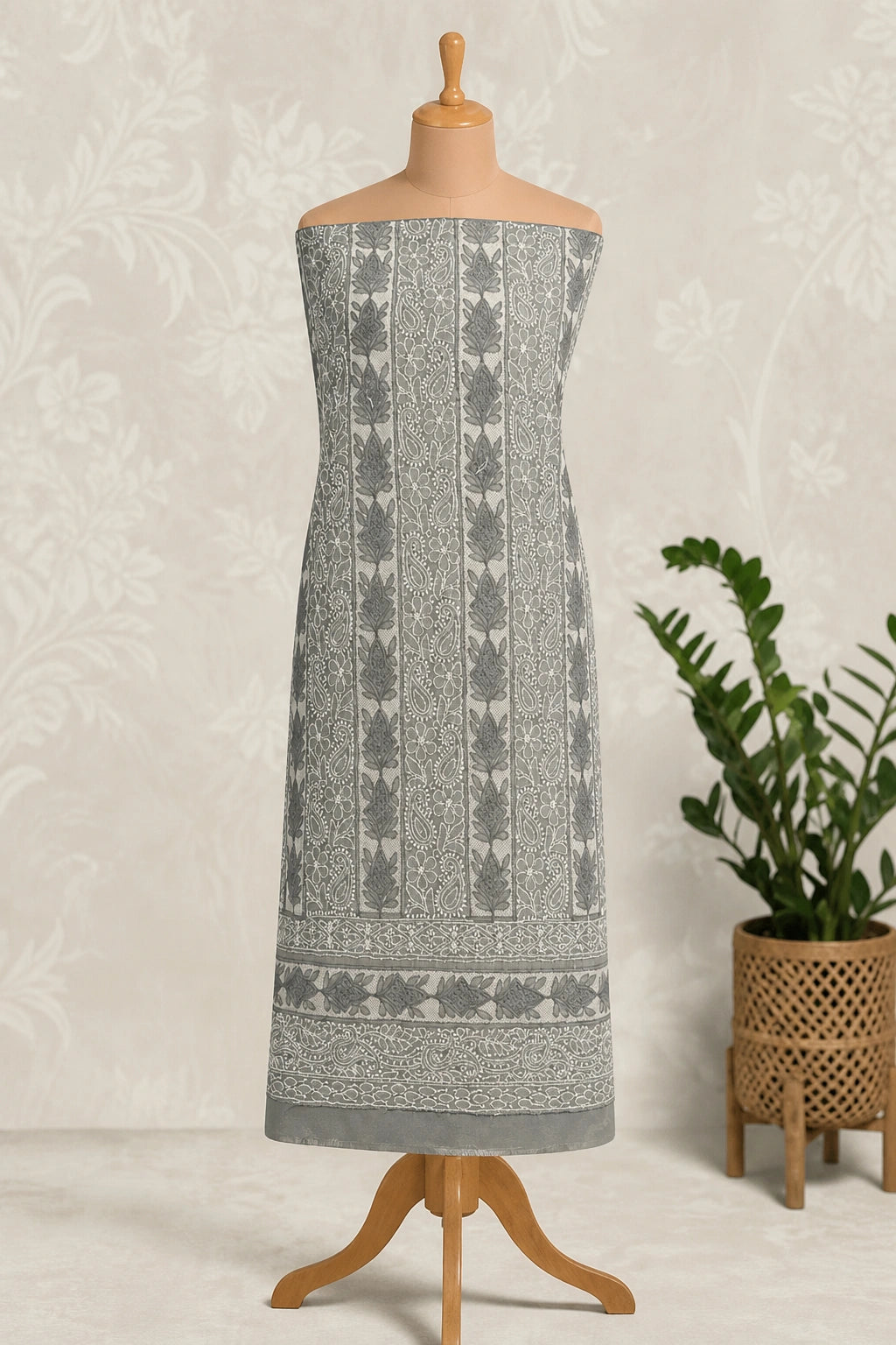 Lucknow Fashion Diary Hand Embroidered Lucknowi Chikankari Women's Unstitched Grey Cotton Kurta Fabric 