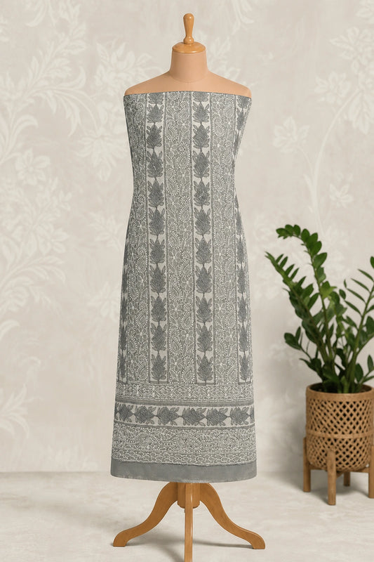 Lucknow Fashion Diary Hand Embroidered Lucknowi Chikankari Women's Unstitched Grey Cotton Kurta Fabric 