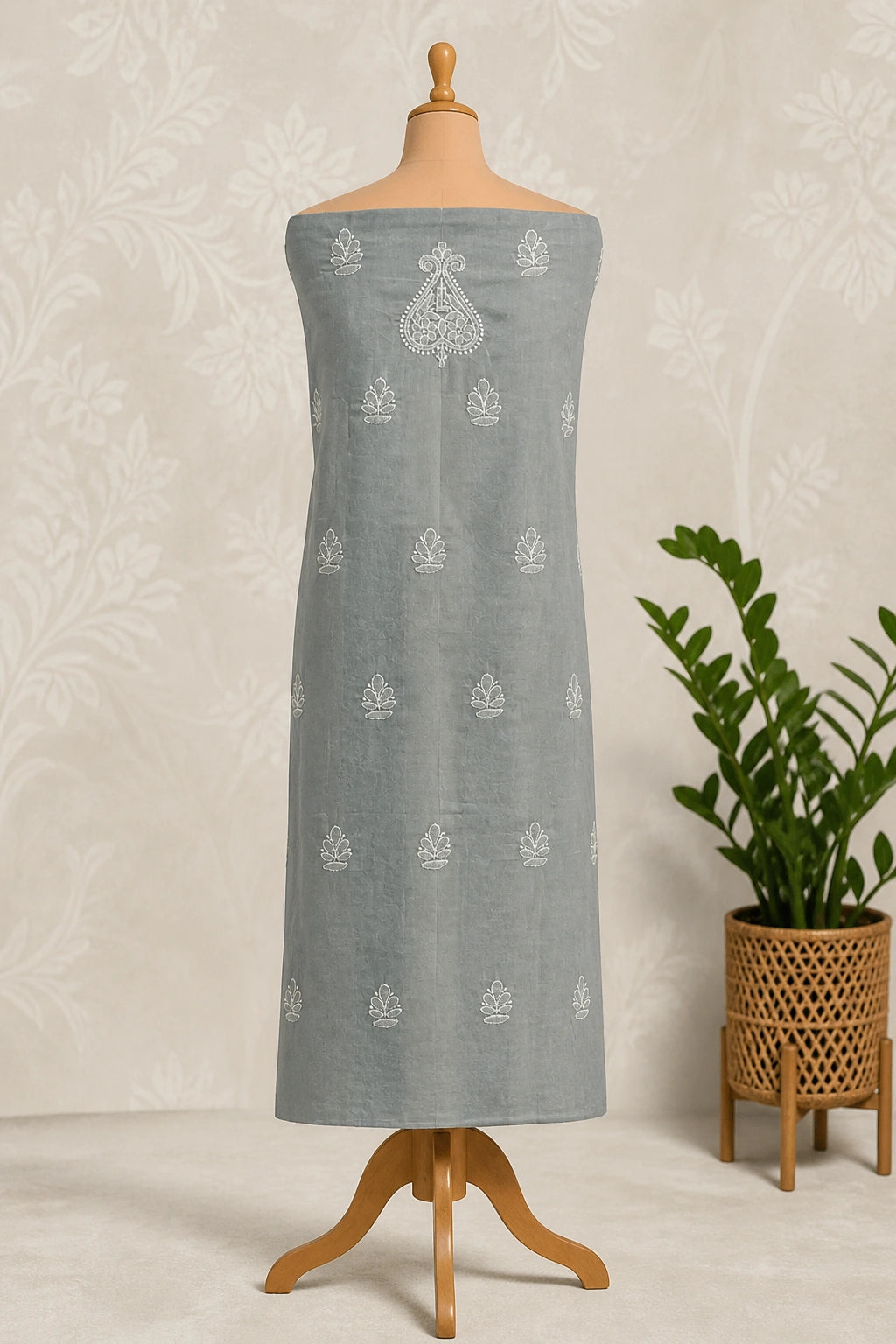 lucknowi chikankari Gray dress with white patterns on a mannequin against a neutral background