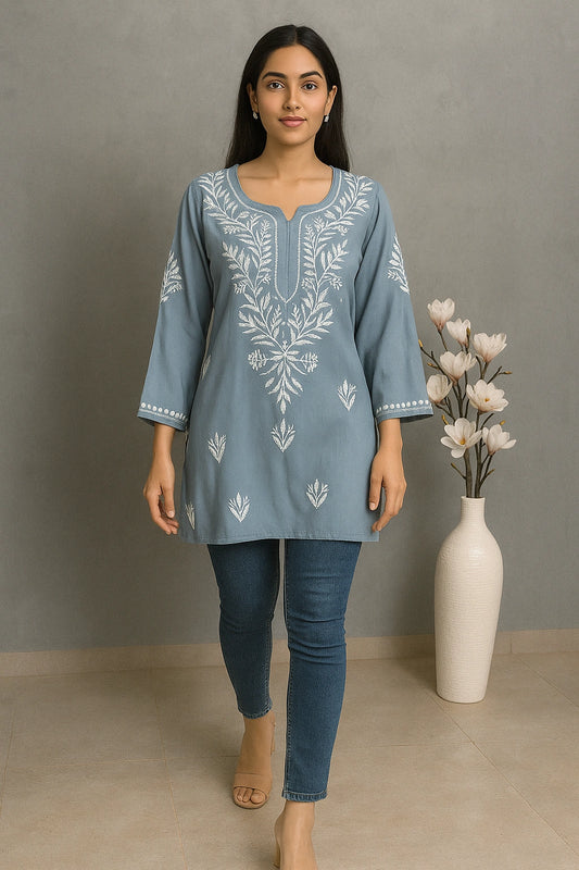 Lucknow Fashion Diary Hand Embroidered Lucknowi Chikankari Women's Grey Rayon Short Kurti 