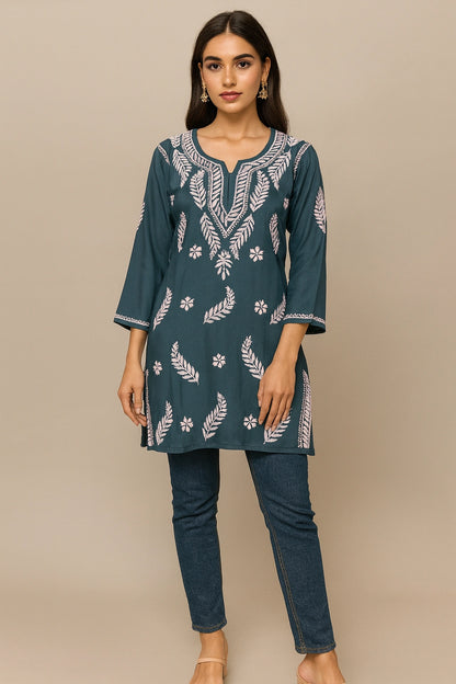 Lucknow Fashion Diary Hand Embroidered Lucknowi Chikankari Women's Grey Rayon Short Kurti 