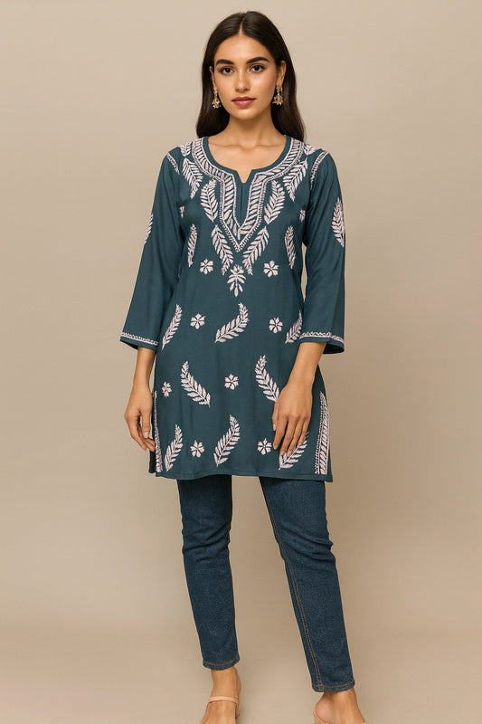 Lucknow Fashion Diary Hand Embroidered Lucknowi Chikankari Women's Grey Rayon Short Kurti 