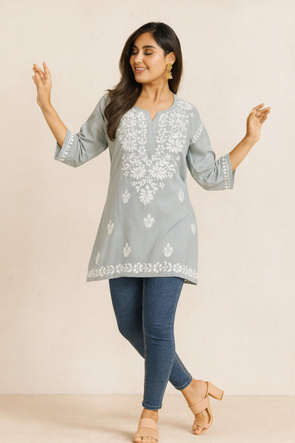Lucknow Fashion Diary Hand Embroidered Lucknowi Chikankari Women's Grey Rayon Short Kurti 