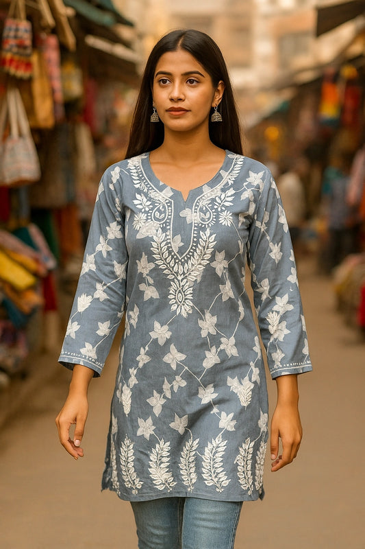 Lucknow Fashion Diary Hand Embroidered Lucknowi Chikankari Women's Grey Cotton Short Kurti 