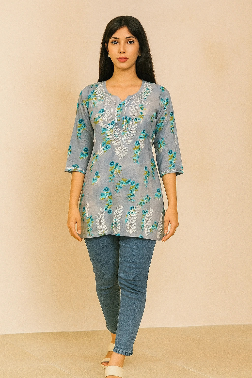 Lucknow Fashion Diary Hand Embroidered Lucknowi Chikankari Women's Grey Cotton Short Kurti 