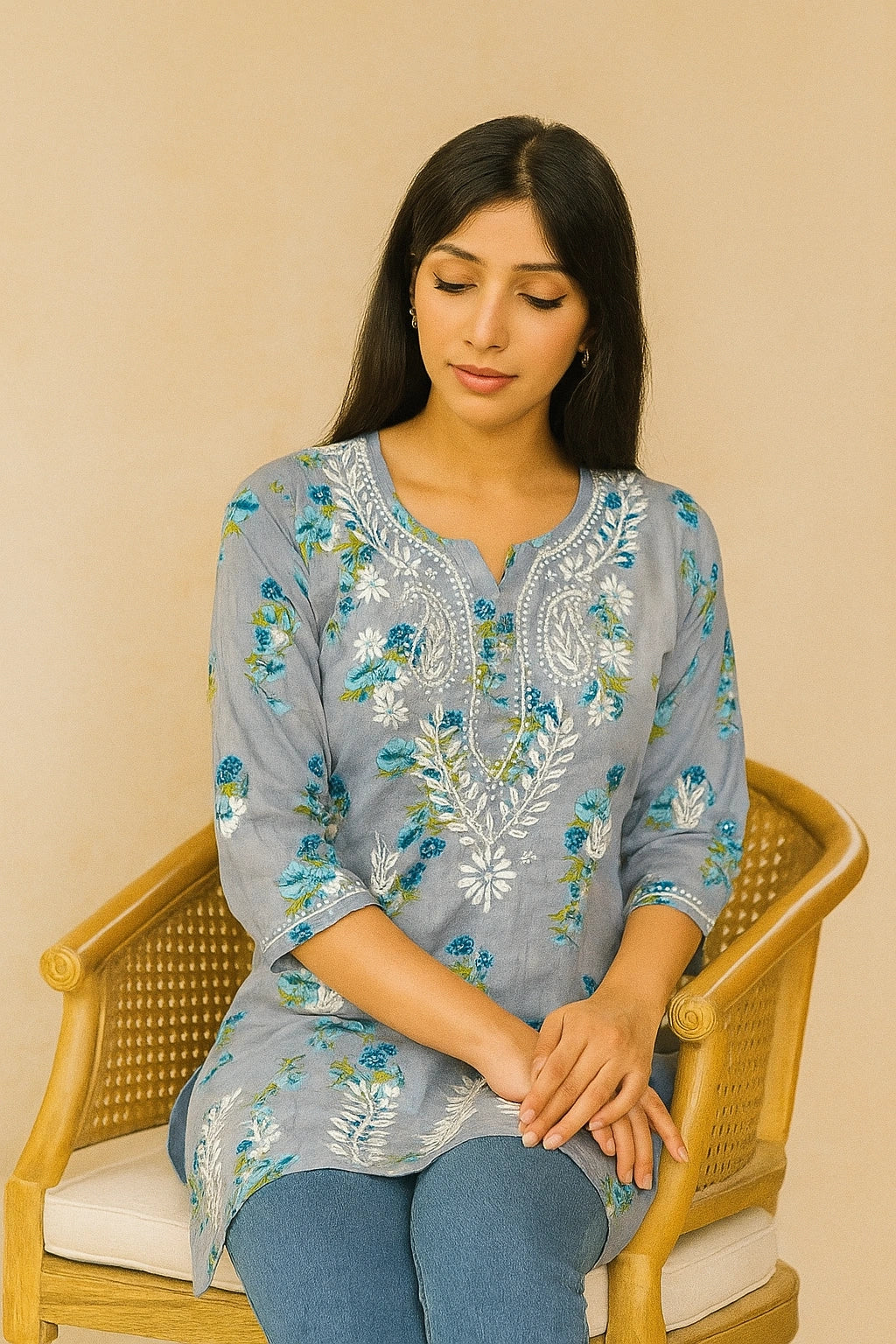 Woman sitting on a chair wearing a grey embroidered top and blue jeans against a gray background