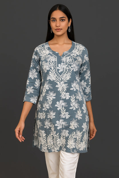 Lucknow Fashion Diary Hand Embroidered Lucknowi Chikankari Women's Grey Cotton Short Kurti 