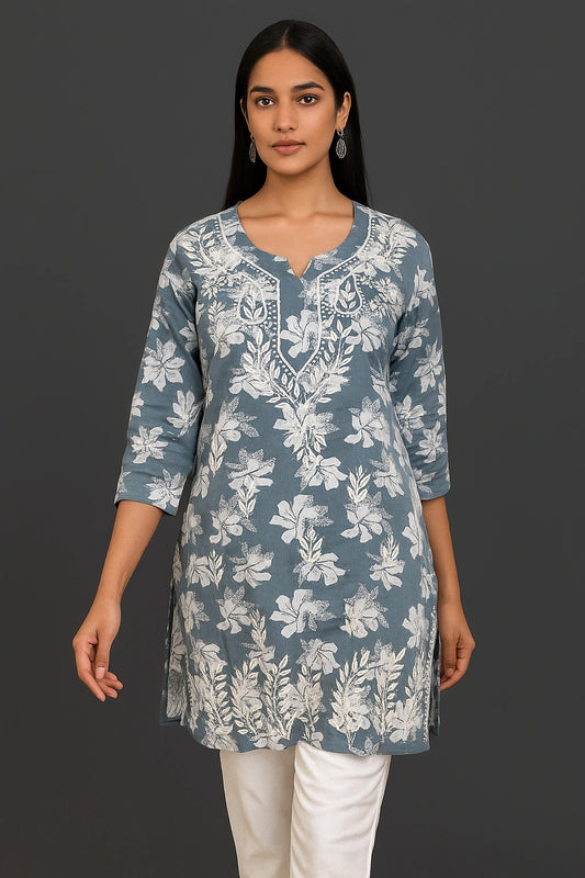 Lucknow Fashion Diary Hand Embroidered Lucknowi Chikankari Women's Grey Cotton Short Kurti 