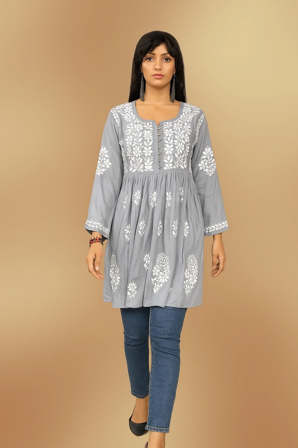 Lucknow Fashion Diary Hand Embroidered Lucknowi Chikankari Women's Grey Modal Short Kurti 