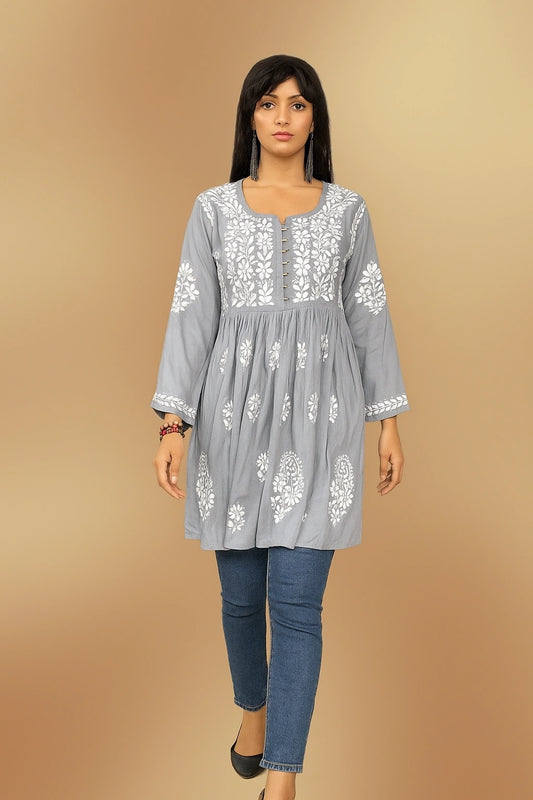 Lucknow Fashion Diary Hand Embroidered Lucknowi Chikankari Women's Grey Modal Short Kurti 