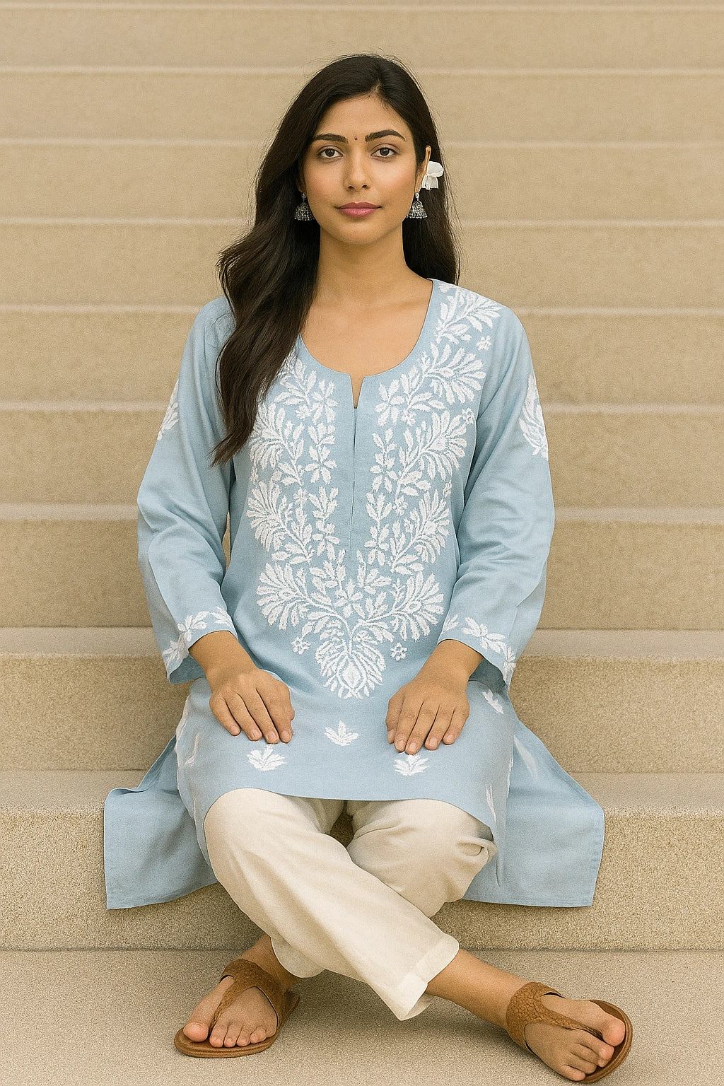 Woman wearing a light blue embroidered kurta with white pants against a beige wall.