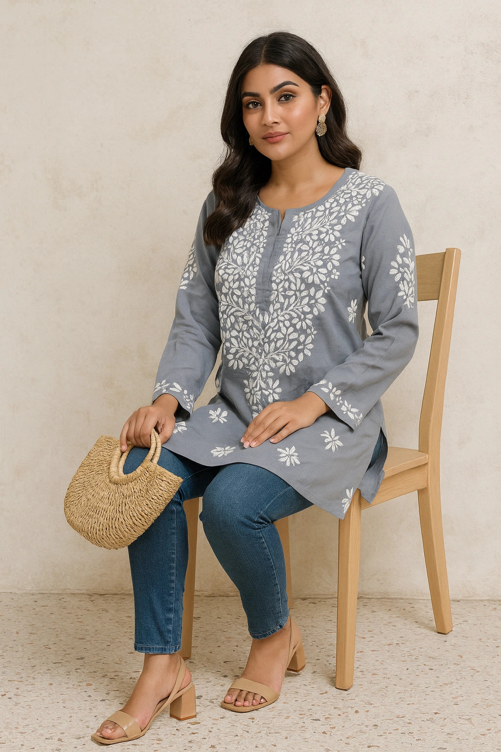 Lucknow Fashion Diary Hand Embroidered Lucknowi Chikankari Women's Grey Modal Short Kurti 
