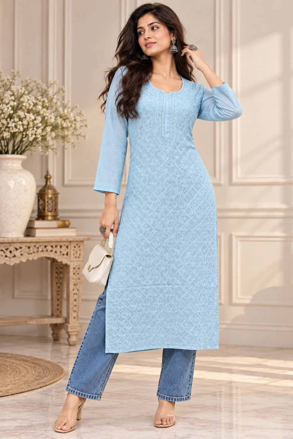 Lucknow Fashion Diary Hand Embroidered Lucknowi Chikankari Women's Grey Viscose Kurta