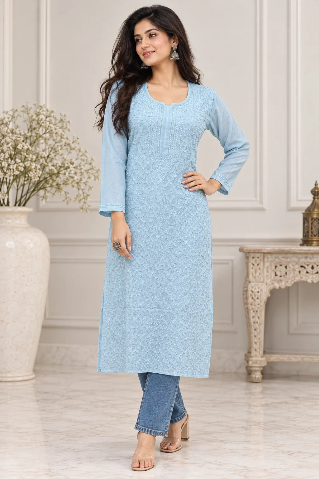 A woman models a light blue embroidered kurta with three-quarter sleeves and a round neckline, paired with blue jeans and beige heels in a bright, modern indoor setting.