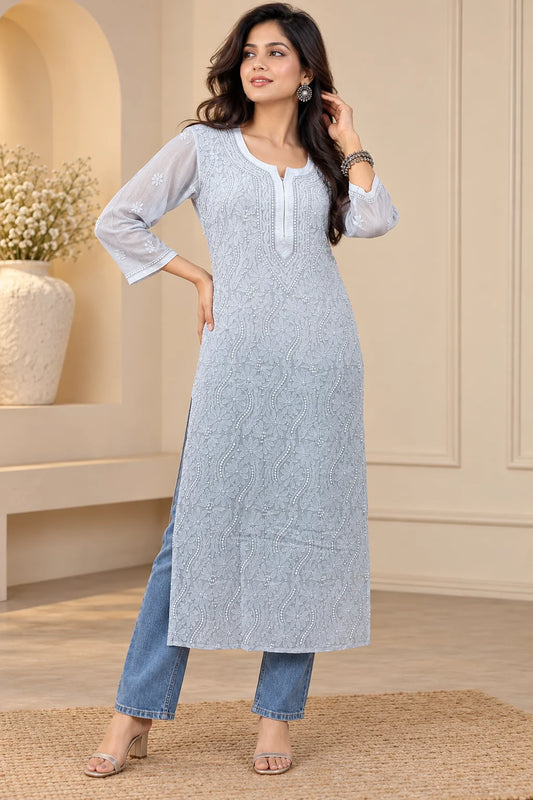 Lucknow Fashion Diary Hand Embroidered Lucknowi Chikankari Women's Grey Viscose Kurta