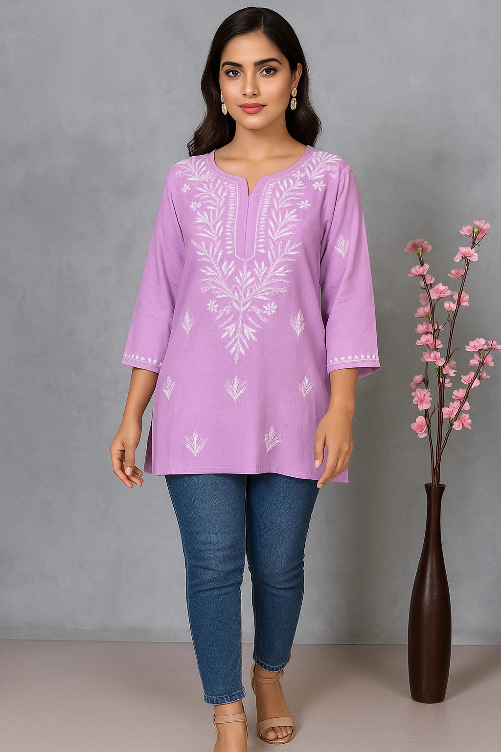 Lucknow Fashion Diary Hand Embroidered Lucknowi Chikankari Women's Lavender Rayon Short Kurti 