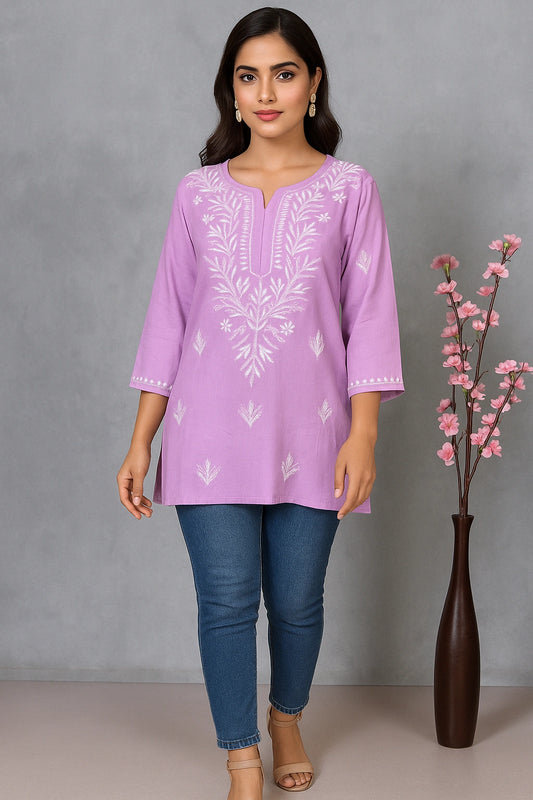 Lucknow Fashion Diary Hand Embroidered Lucknowi Chikankari Women's Lavender Rayon Short Kurti 