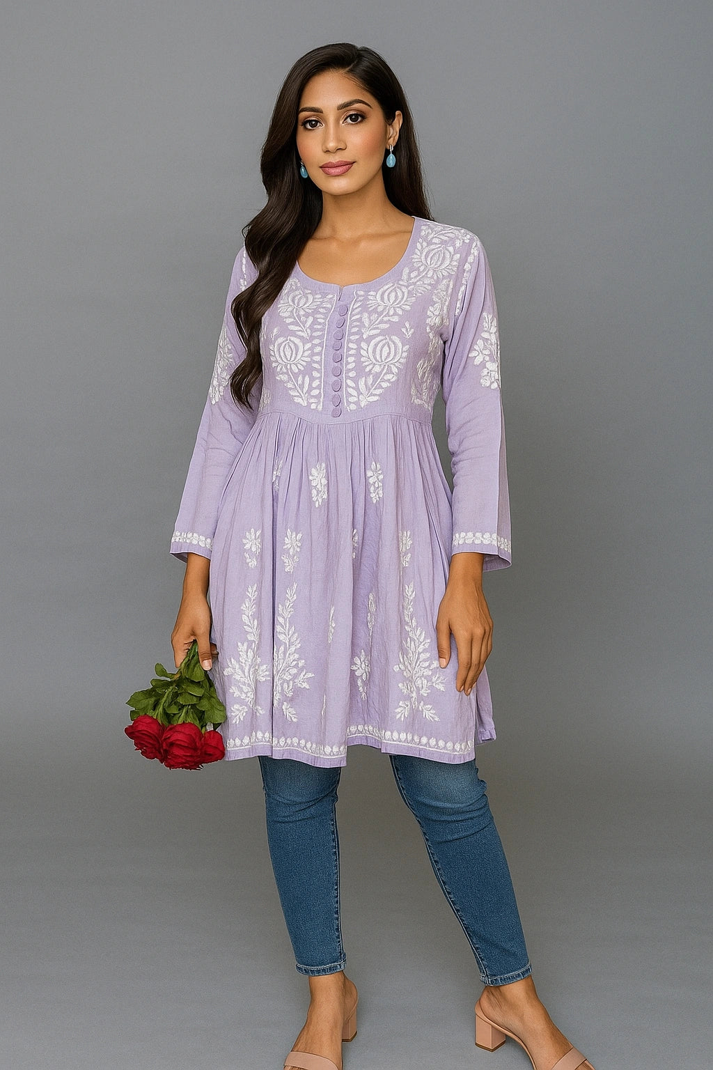 Lucknow Fashion Diary Hand Embroidered Lucknowi Chikankari Women's Lavender Modal Short Kurti 