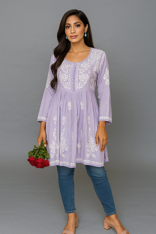 Lucknow Fashion Diary Hand Embroidered Lucknowi Chikankari Women's Lavender Modal Short Kurti 