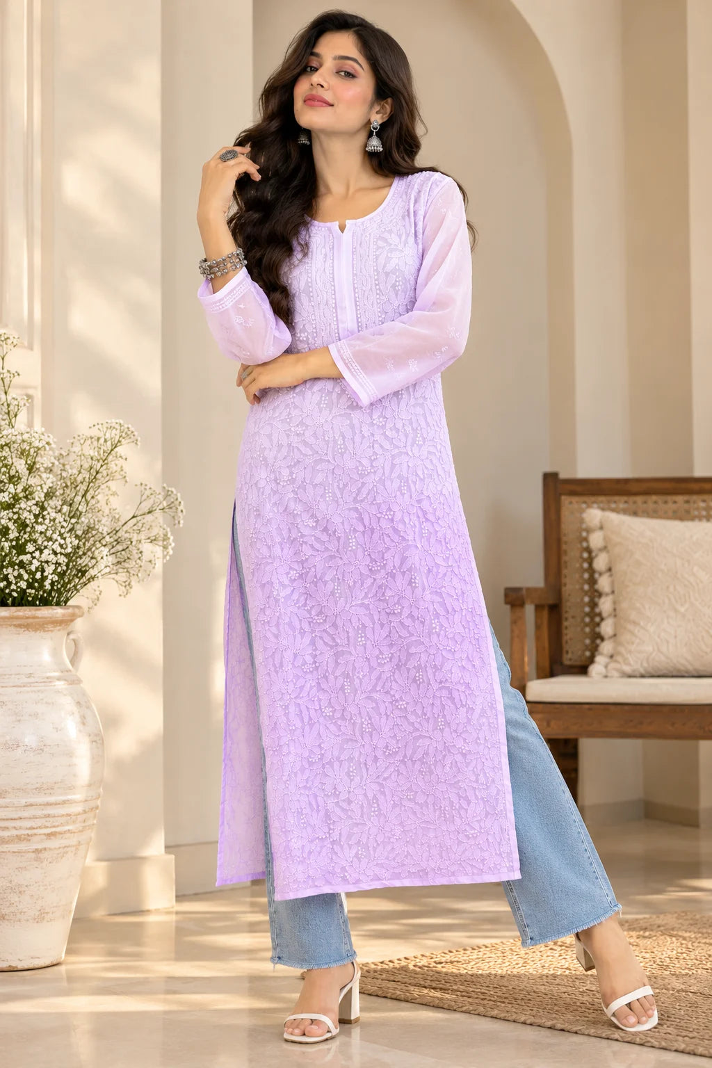 Lucknow Fashion Diary Hand Embroidered Lucknowi Chikankari Women's Lavender Viscose Kurta