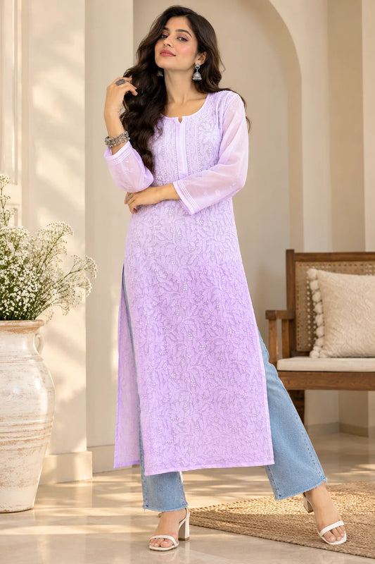 Lucknow Fashion Diary Hand Embroidered Lucknowi Chikankari Women's Lavender Viscose Kurta