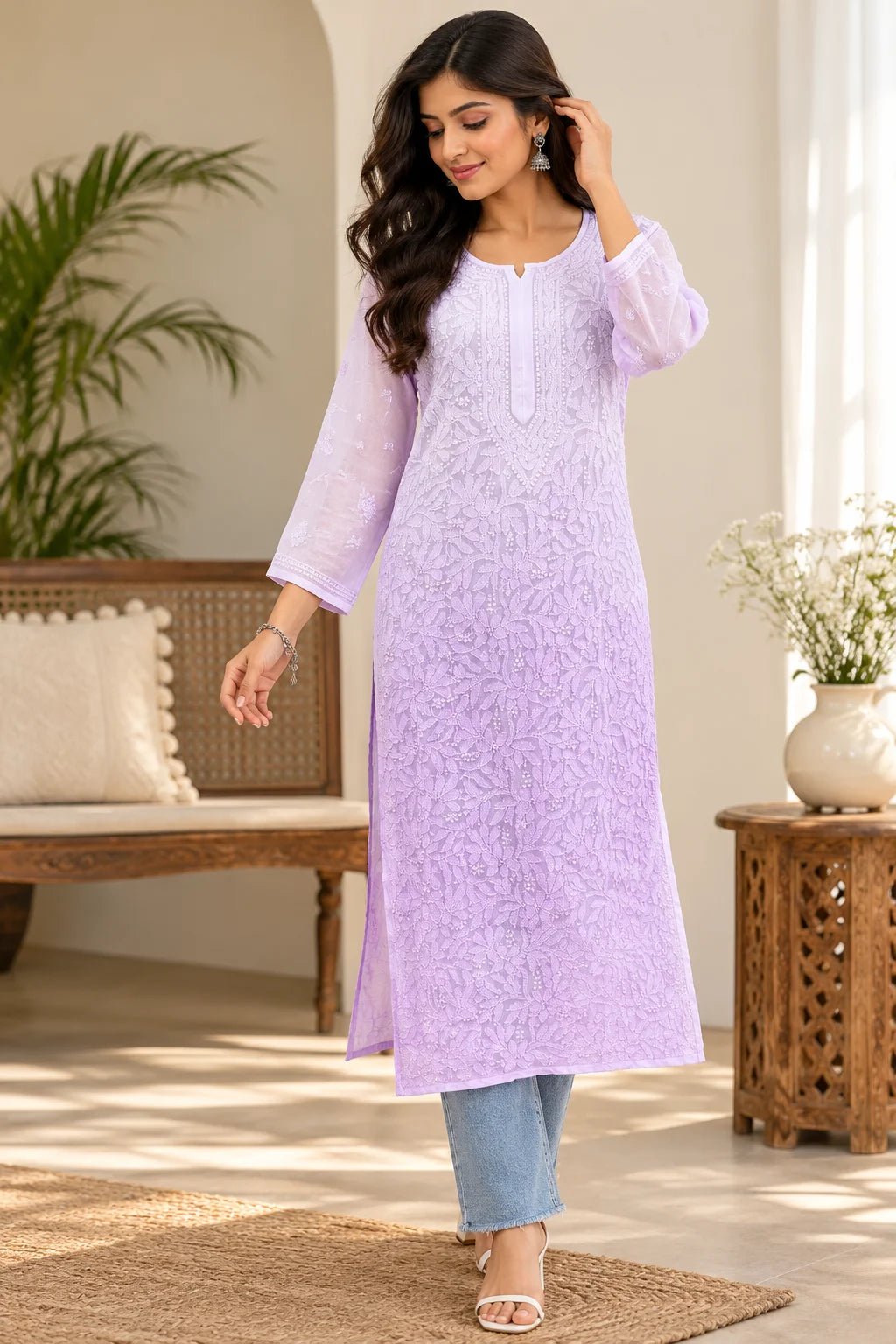 Woman wearing a lucknowi chikankari lavender-colored kurta with white floral patterns 