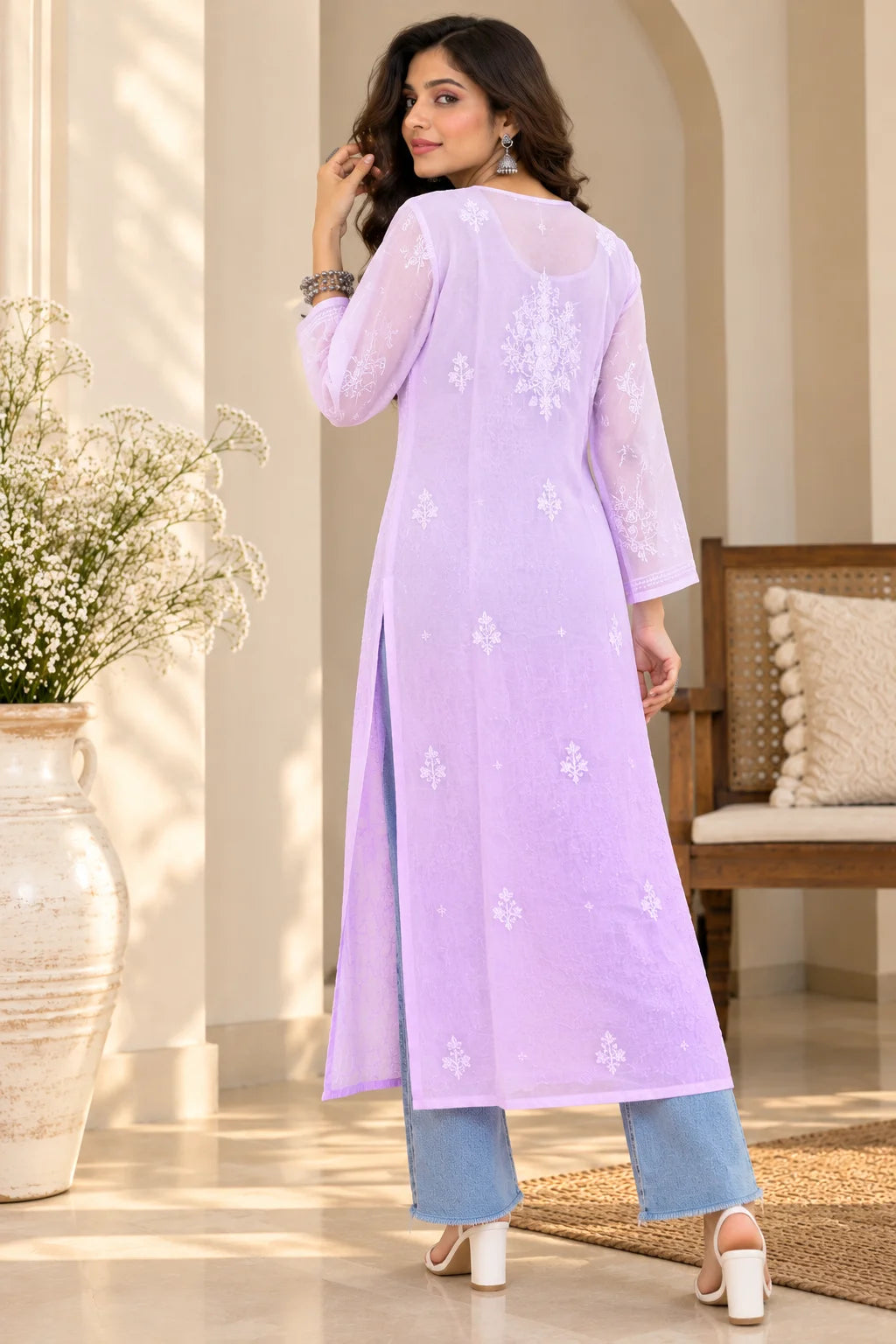 Woman wearing a lucknowi chikankari lavender-colored kurta
