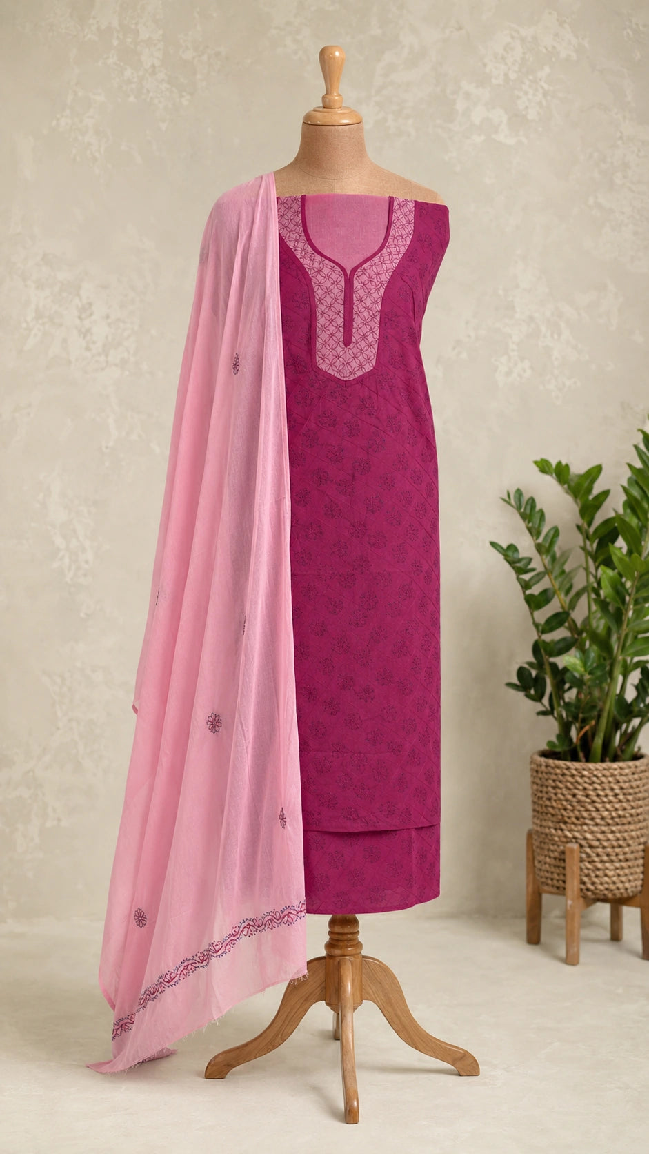 Lucknow Fashion Diary Hand Embroidered Lucknowi Chikankari Women's Unstitched Magenta Cotton Kurta
 Dupatta Bottom Fabric 