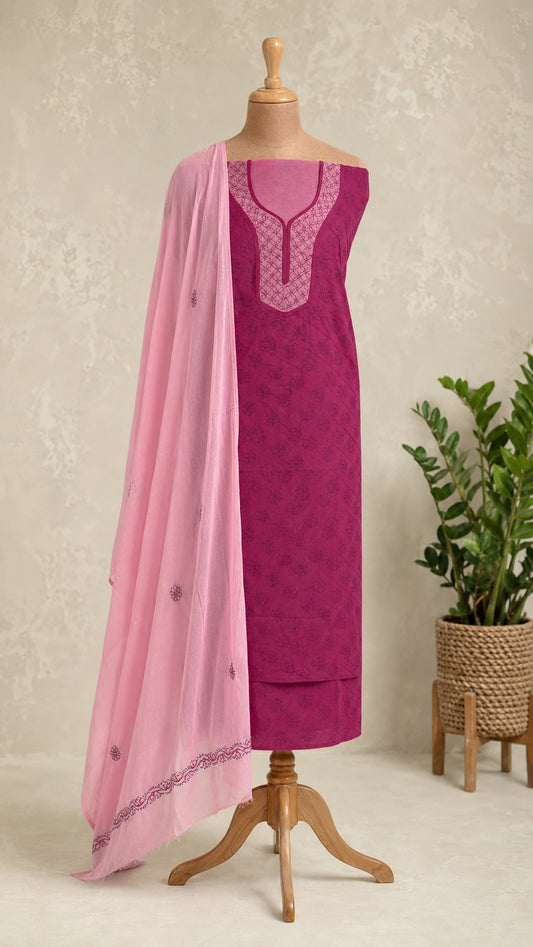Lucknow Fashion Diary Hand Embroidered Lucknowi Chikankari Women's Unstitched Magenta Cotton Kurta
 Dupatta Bottom Fabric 