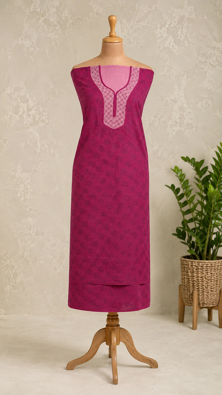 Lucknowi chikankari Pink kurta on a wooden mannequin with a plant in the background