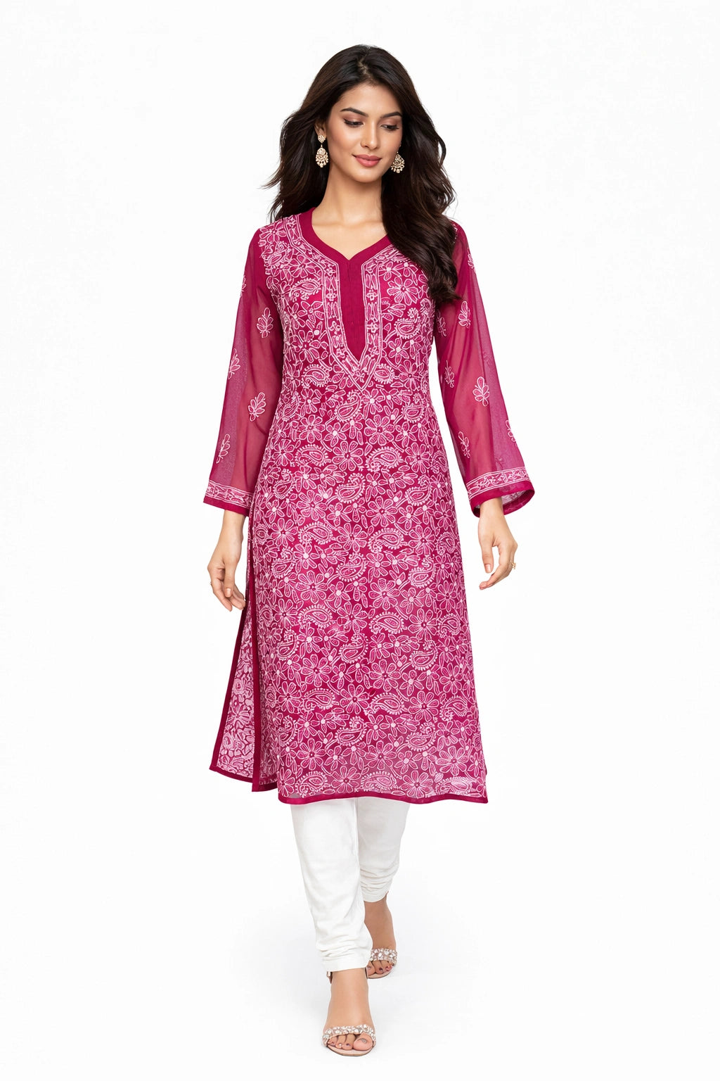 Lucknow Fashion Diary Hand Embroidered Lucknowi Chikankari Women's Magenta Georgette Kurti 