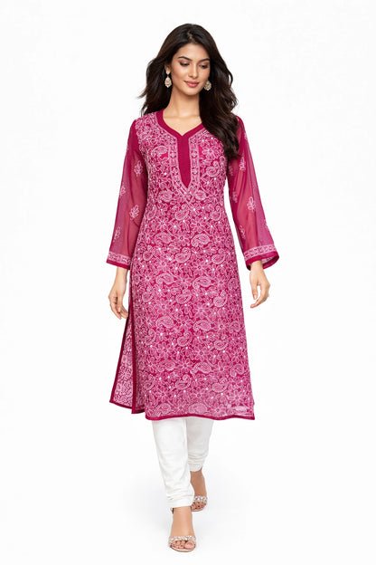 Lucknow Fashion Diary Hand Embroidered Lucknowi Chikankari Women's Magenta Georgette Kurti 