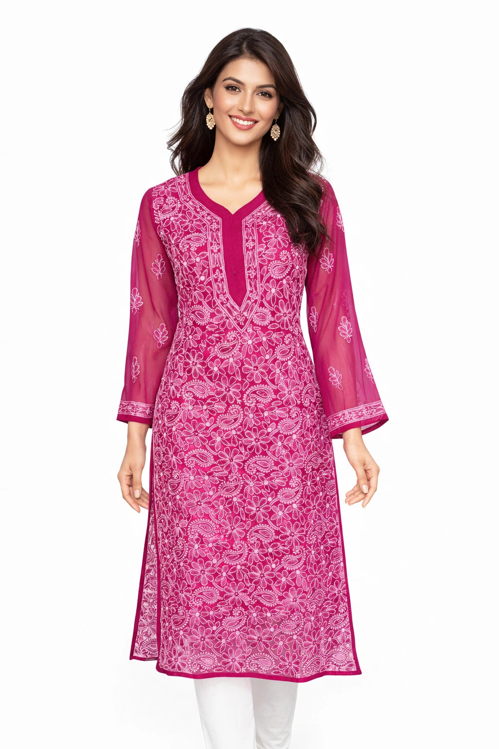 lucknowi chikankari Woman wearing a Magenta traditional outfit with orange floral patterns against 