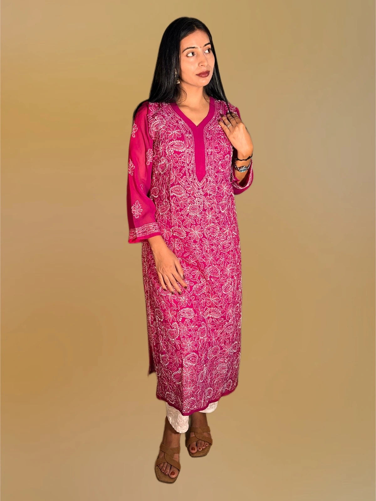 lucknowi chikankari Magenta kurta with white floral patterns 