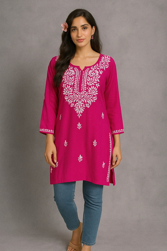 Lucknow Fashion Diary Hand Embroidered Lucknowi Chikankari Women's Magenta Rayon Short Kurti 