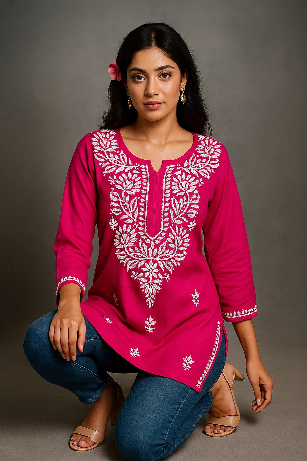 Woman wearing a pink embroidered top and blue jeans on a gray background