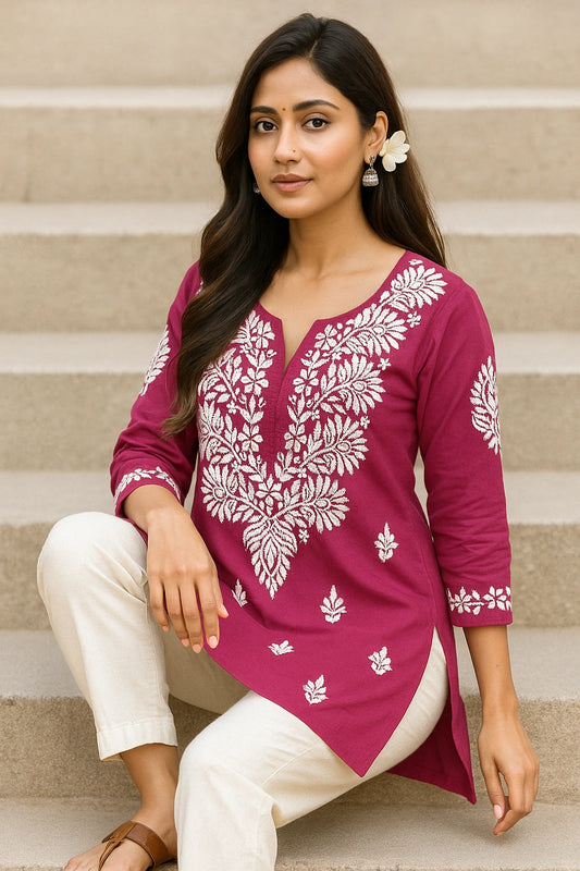 Lucknow Fashion Diary Hand Embroidered Lucknowi Chikankari Women's Magenta Modal Short Kurti 