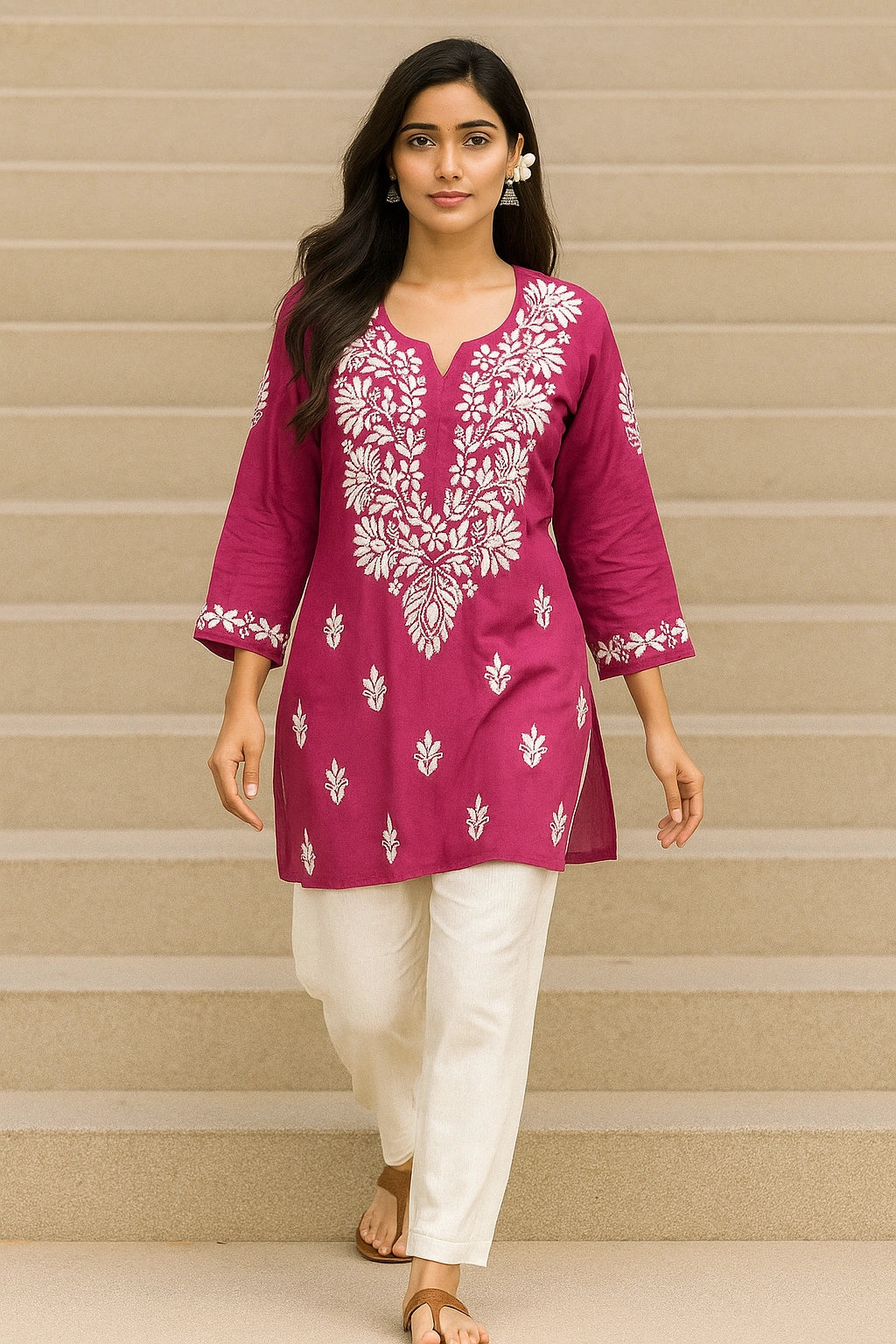 Woman wearing a magenta embroidered kurta with white pants against a beige background