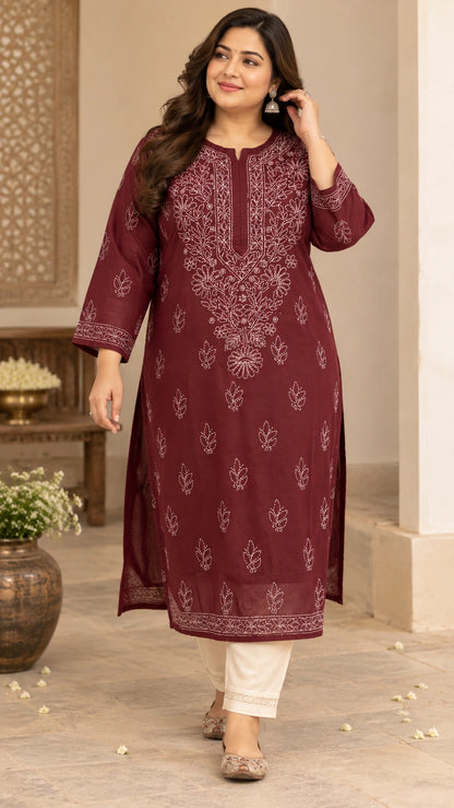 Lucknow Fashion Diary Hand Embroidered Lucknowi Chikankari Women's Plus Size Maroon Cotton Kurti 