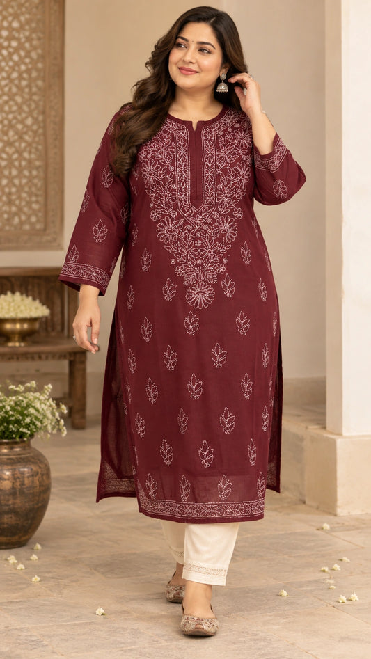 Lucknow Fashion Diary Hand Embroidered Lucknowi Chikankari Women's Plus Size Maroon Cotton Kurti 