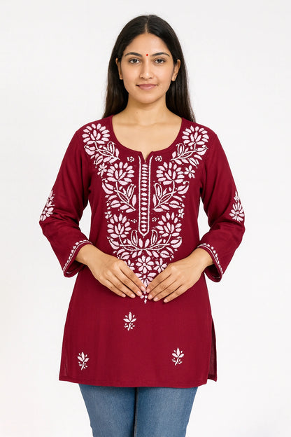 Lucknow Fashion Diary Hand Embroidered Lucknowi Chikankari Women's Maroon Rayon Short Kurti 